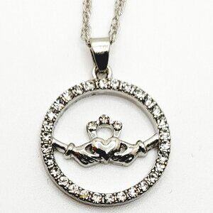 Claddagh Friendship Rhinestone Necklace Circle Silver tone link twist chain 16"